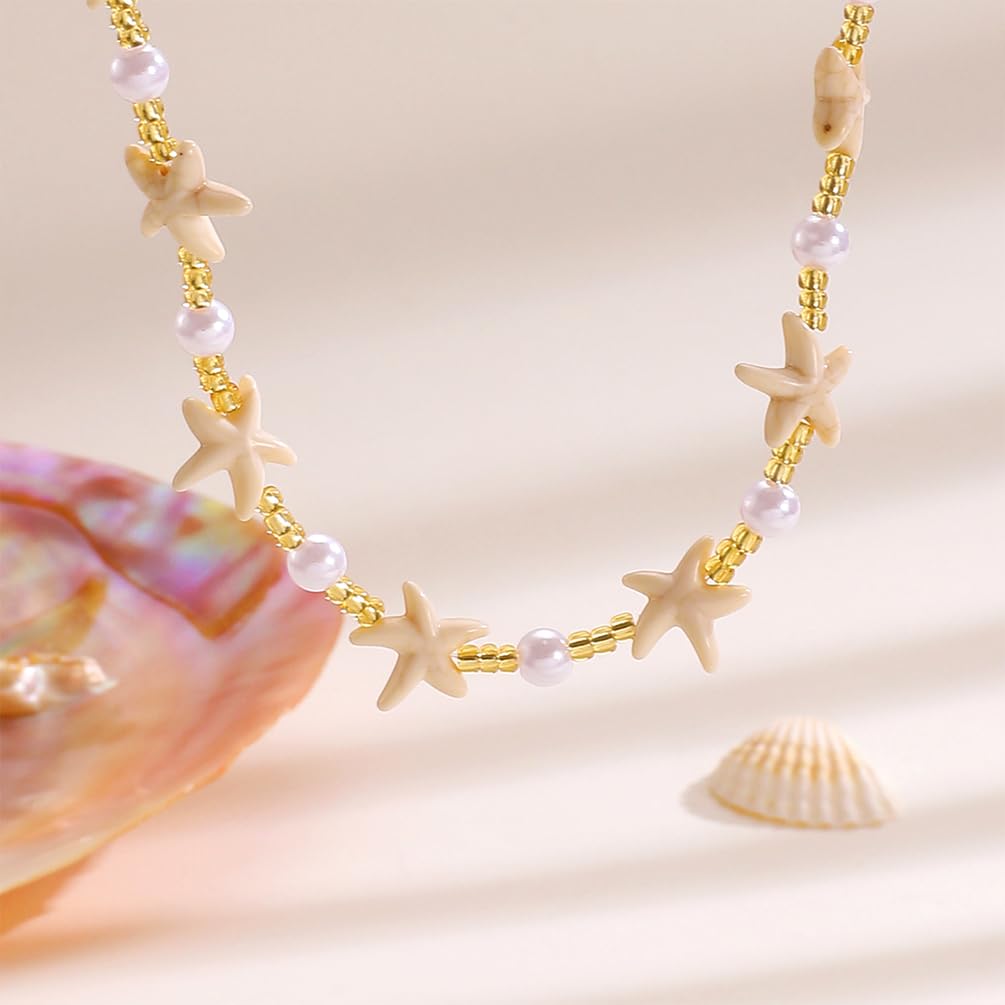 Dainty Starfish Pearl Beaded Choker Necklace, Layered Sea Shell Pearls Pendant Star Beads Necklaces for Women Chic Sweet Beach Coastal Party Jewelry Gift (Gold 1)