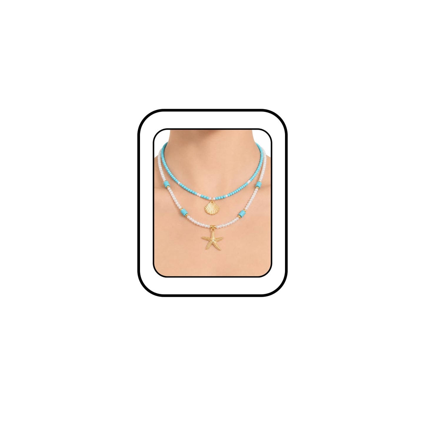 Tazimo 2Pcs Shell Starfish Layered Necklaces,Boho Beach Summer Necklace Gold Pendant Tropical Necklace Blue&White Beaded Necklaces Jewelry Gifts for Women (A:Blue&White)