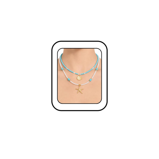 Tazimo 2Pcs Shell Starfish Layered Necklaces,Boho Beach Summer Necklace Gold Pendant Tropical Necklace Blue&White Beaded Necklaces Jewelry Gifts for Women (A:Blue&White)