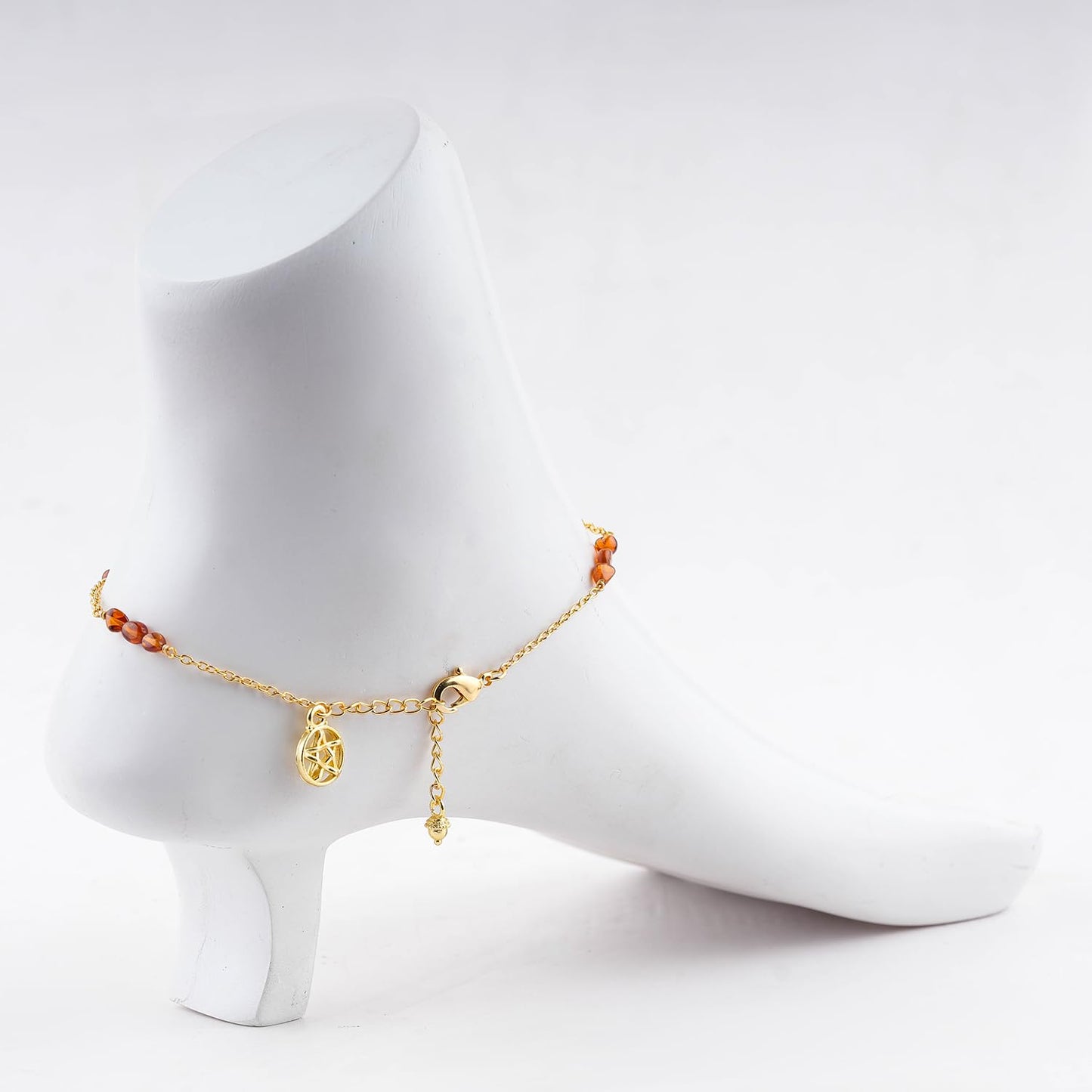CRYSTALINES Natural Spessartite Garnet Gemstone Nuggets Beads, Handmade Station Dangle Star Charms Anklet, 14K Gold Plated, Adjustable Fashion Boho Jewelry for Women, Healing Crystals, Christmas Gift