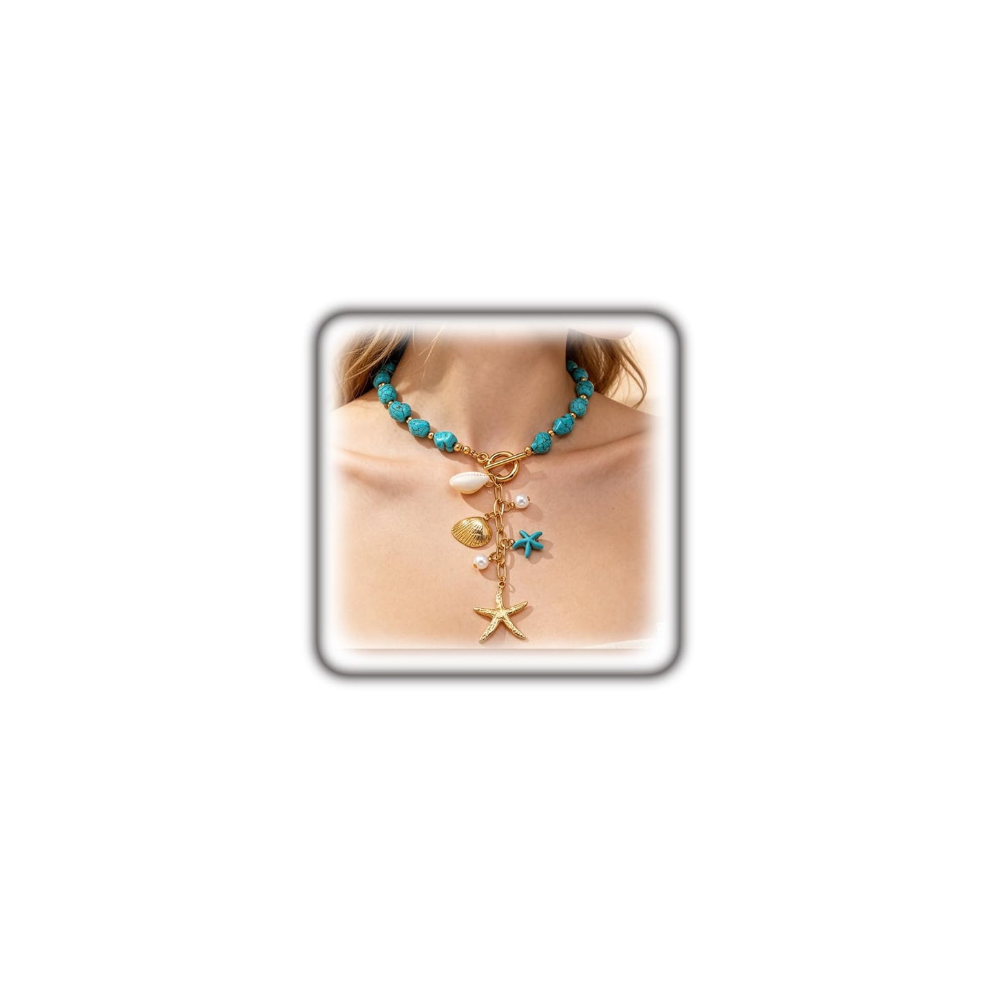 Stringex Seashell Starfish Choker Necklace for Women Boho Gold Starfish Pendant Necklaces Chunky Turquoise Beaded Long Necklace Trendy Holiday Jewelry Gifts (Teal)