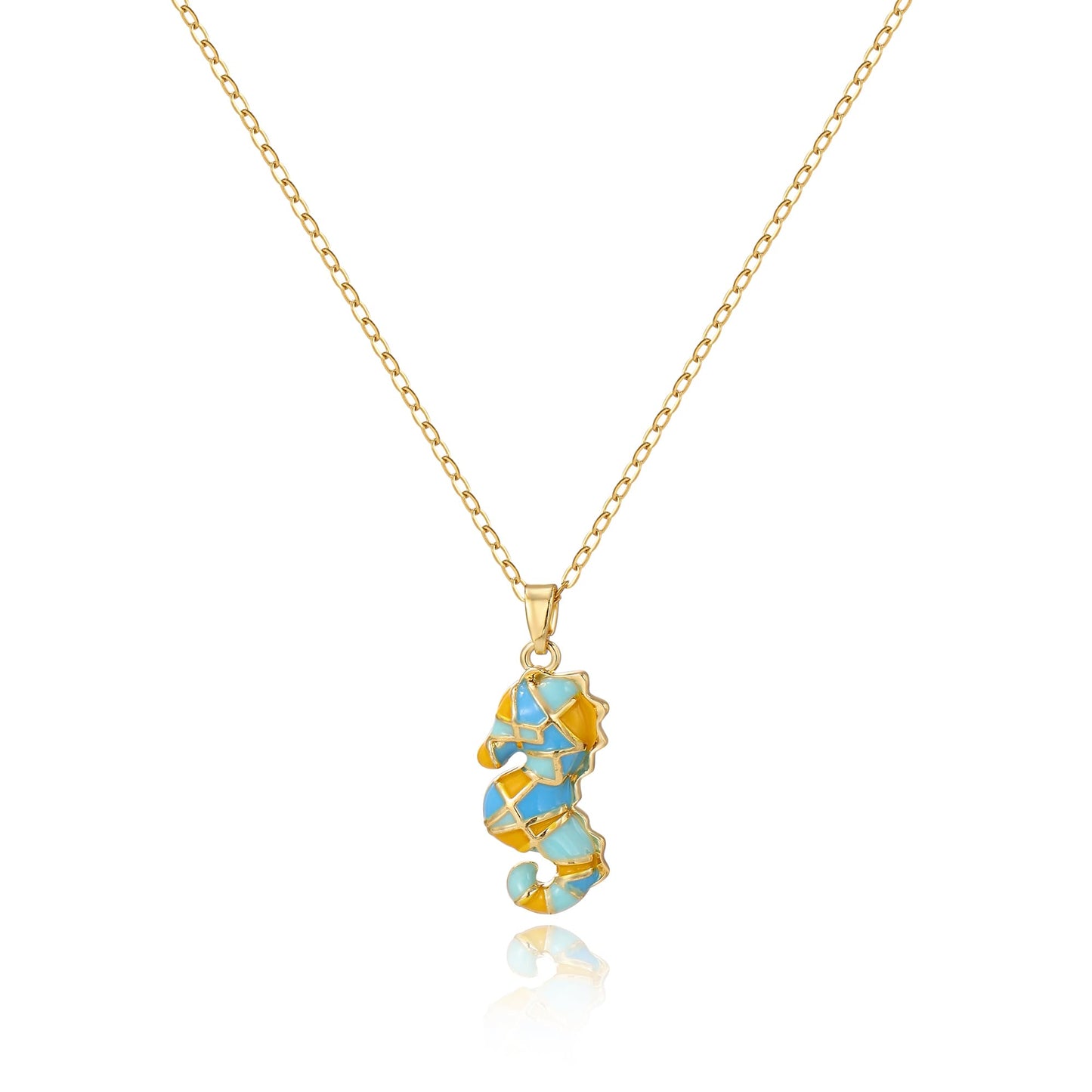 WASAIE Colorful Enamel Sea Horse Pendant Necklace for Women, 14K Gold Plated Stainless Steel Dainty Link Chain Adjustable Choker for Beach Vacation Summer Daily Wear Gifts