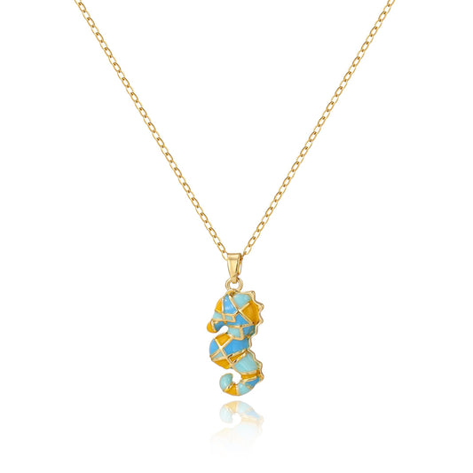 WASAIE Colorful Enamel Sea Horse Pendant Necklace for Women, 14K Gold Plated Stainless Steel Dainty Link Chain Adjustable Choker for Beach Vacation Summer Daily Wear Gifts