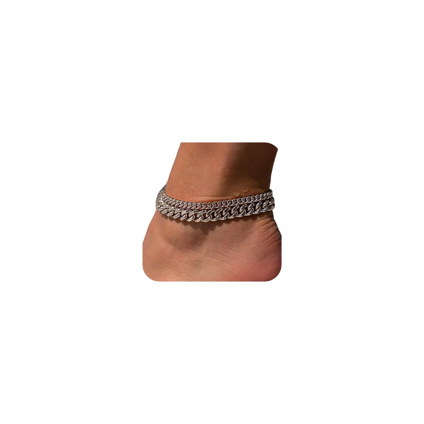 Tewiky Waterproof Ankle Bracelets for Women,Chunky Layered Silver Anklet for Women Non Tarnish Adjustable Cuban Set Stackable Summer Beach Jewelry Gift