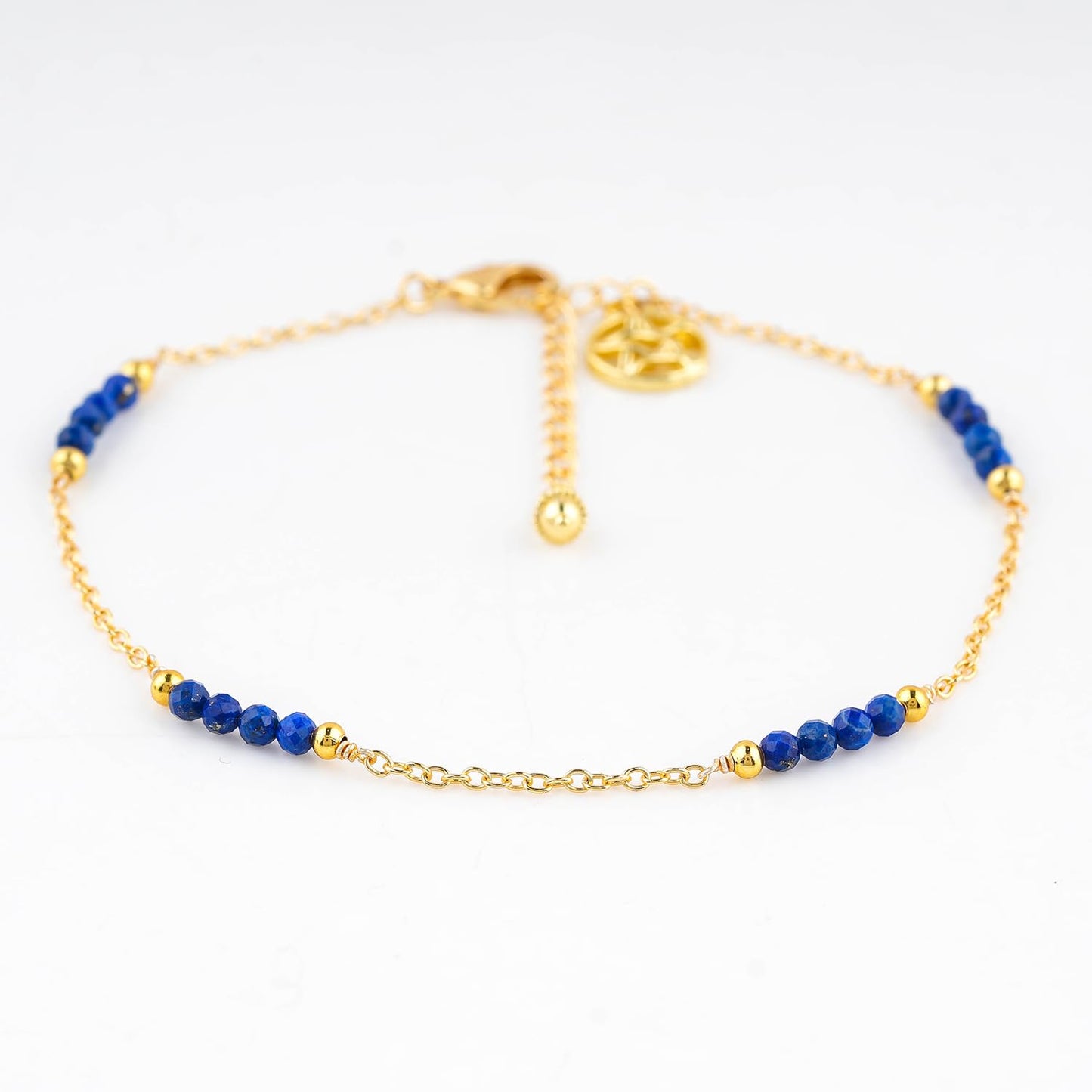 CRYSTALINES Natural Lapis Lazuli Gemstone Beads, Handmade Station Dangle Star Charms Anklet, 14K Gold Plated, Adjustable Fashion Boho Jewelry for Women, Healing Crystals, Christmas Gift