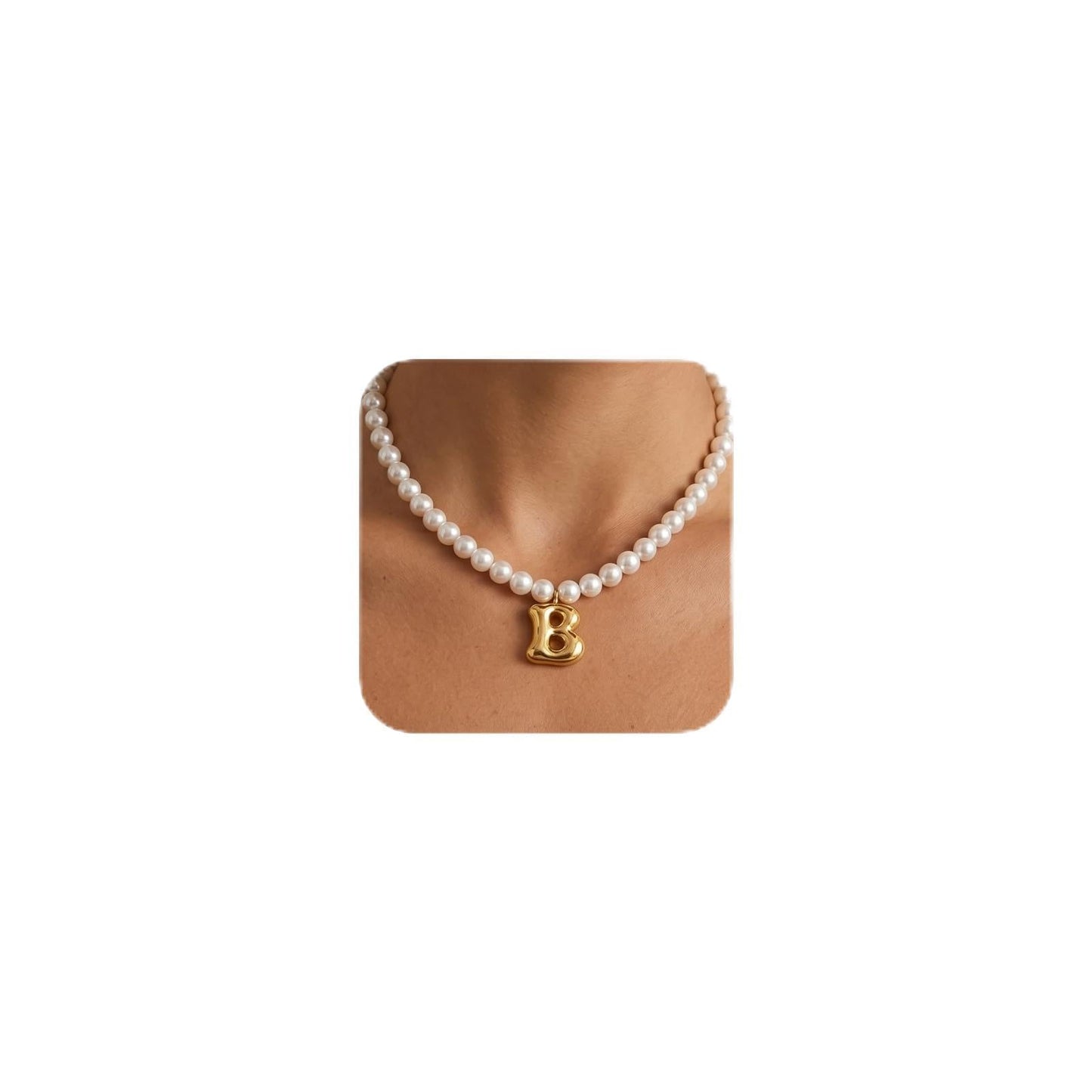 DoDoBeads Pearl Initial Necklace, 18K Gold Plated Stainless Steel Balloon Letter Pendant B, Non-Tarnish Waterproof Chunky Monogram Jewelry Gifts for Women Teens