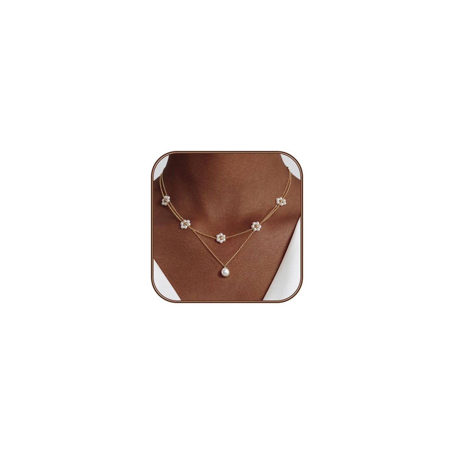 OGD Layered Gold Pearl Necklaces 14K Gold Plated Dainty Layered Single Simple Pearl Choker Chain Cute Daisy Pearls Choker Necklace Set Flower Necklaces for Women Trendy Jewelry Gifts