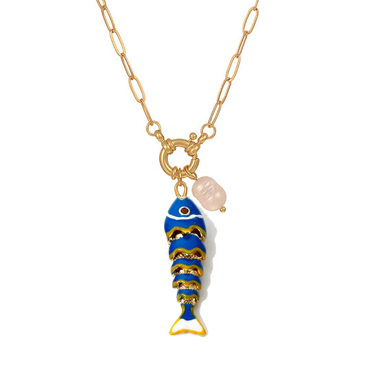 Color Enamel Boho Fish Necklace for Women, Dainty Gold Paper Clip Chain Cute Colorful Lucky Fish Pearl Pendant Safety Pin Necklaces Beach Hawaiian Summer Ocean Minimalist Jewelry Gift for Her (Blue)