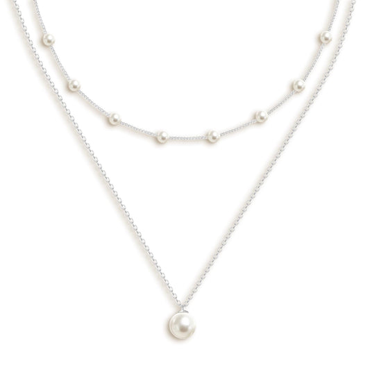 OGD Pearl Necklace for Women Trendy Layered 925 Silver Plated Dainty Pearl Pendant Choker Set Handmade Pearls Silver Necklace Stack Simple Cute Jewelry Gifts for Women