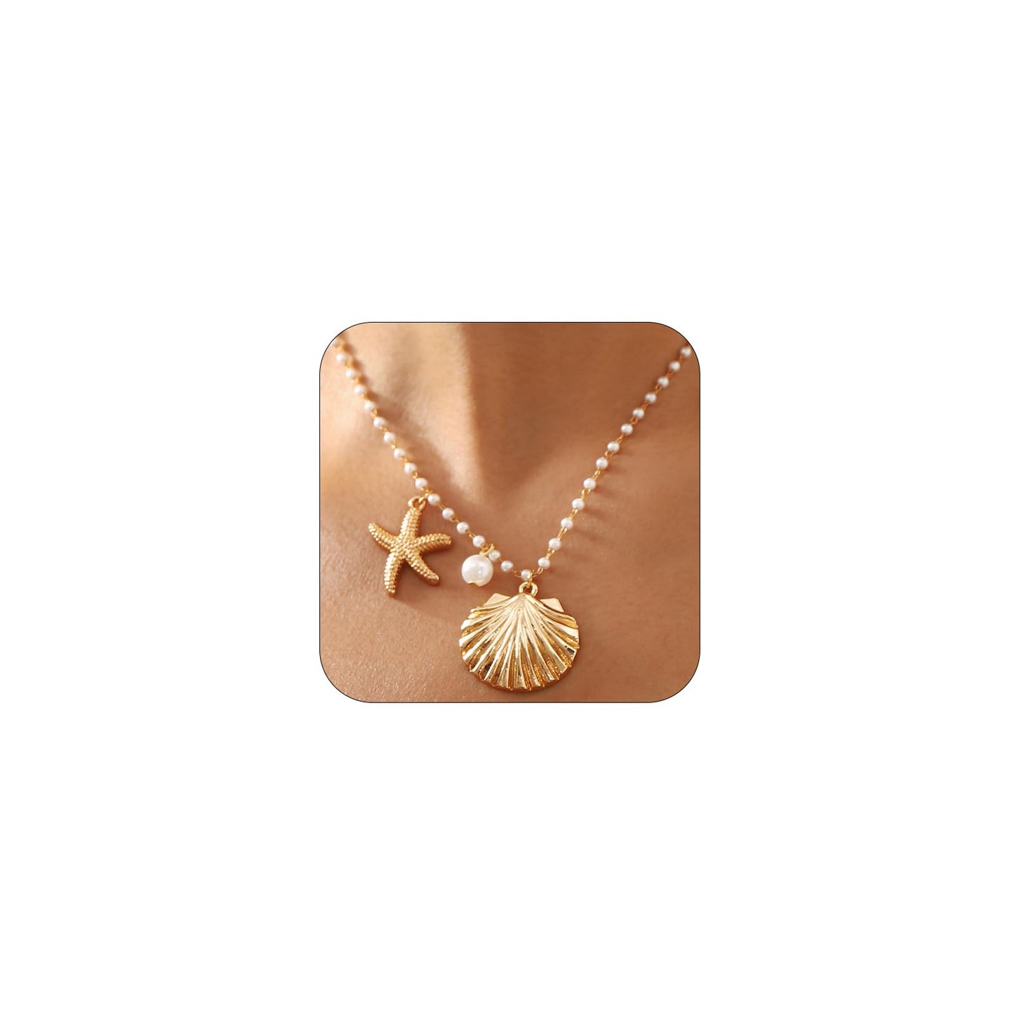 Gold Shell Starfish Beaded Pearl Necklaces for Women, Boho Sea Shell Star Beads Pearls Pendant Chain Necklace Holiday Beach Party Ocean Jewelry Gifts (Gold)
