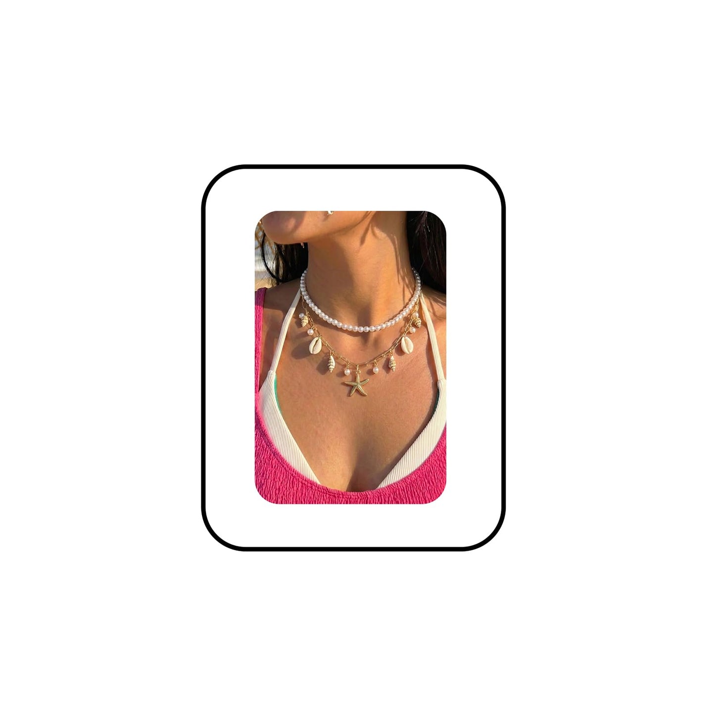 Boho Multi-layered Shell Starfish Necklace Layered Pearl Pendant Choker Necklace Fashionable Clavicle Chain Necklace Seaside Beach Vacation Jewelry for Women (Starfish1)