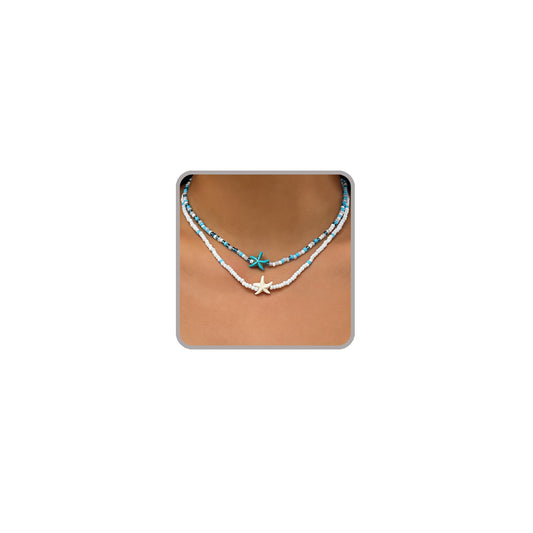 Sora Tuki Layered Starfish Necklace Beach Jewelry for Women Seashell Cowrie Puka Shell Necklaces for Women Beach Necklace Turtle Beaded Choker Necklaces Ocean Jewelry (2 - Beaded starfish)