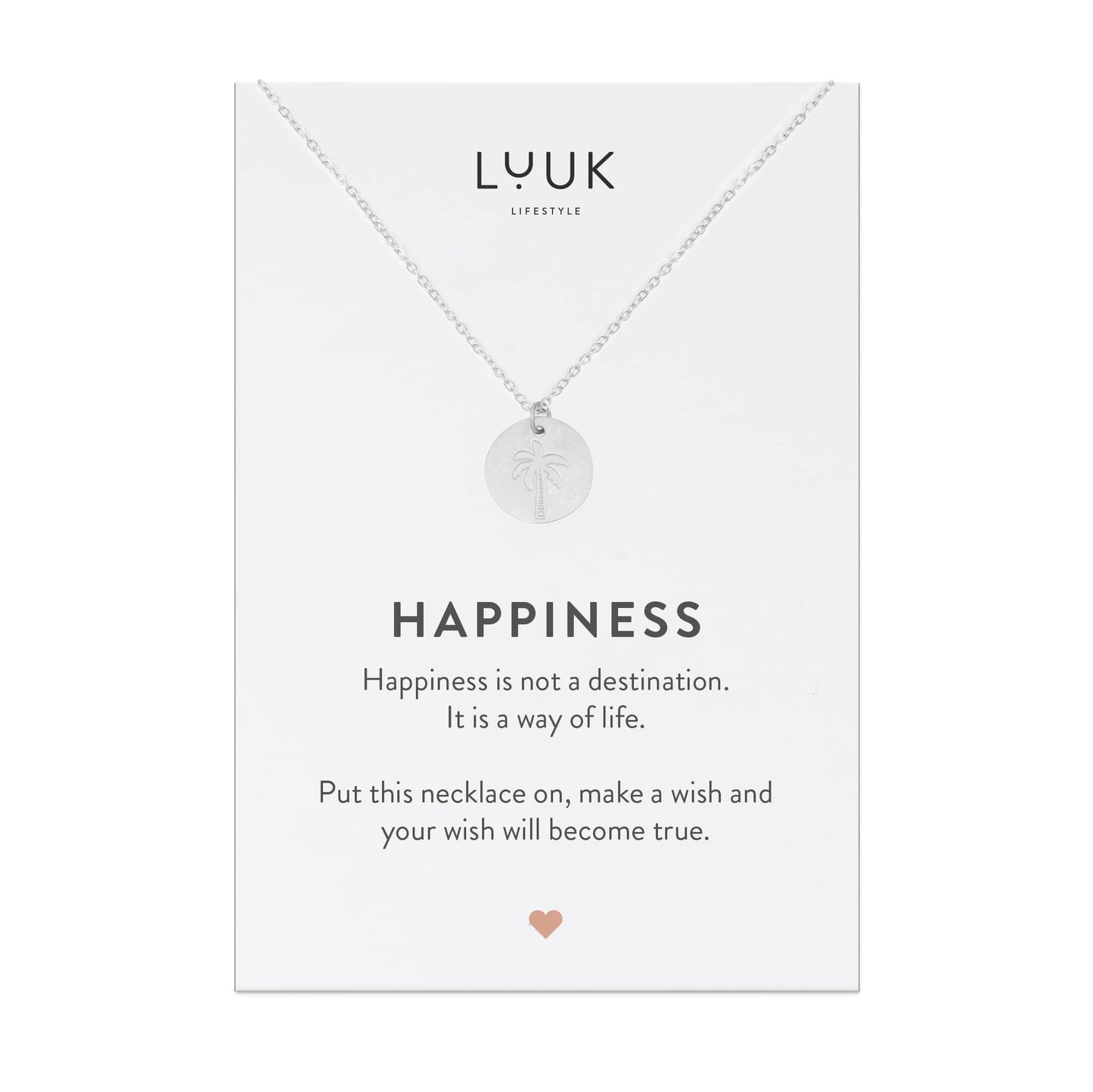 LUUK LIFESTYLE Stainless steel necklace for women with palm tree pendant and HAPPINESS card, gift idea, summer symbol, beach motif, friendship present, adjustable length 19”, fashion jewelry, silver