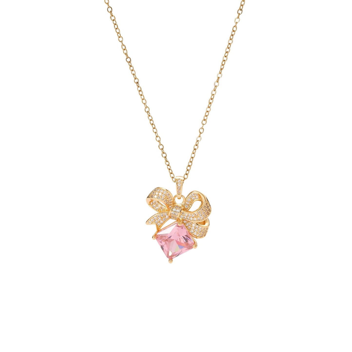 Pink Square Rose Quartz Bow Necklace for Women-Gold Plated October Birthstone Healing Crystal Vintage Necklace For Valentines Day Mother's Day Christmas Birthday Gifts