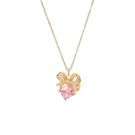Pink Square Rose Quartz Bow Necklace for Women-Gold Plated October Birthstone Healing Crystal Vintage Necklace For Valentines Day Mother's Day Christmas Birthday Gifts