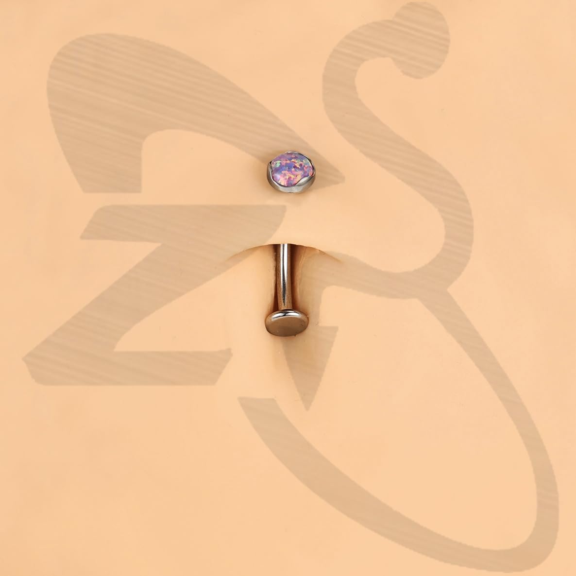 ZS ASTM F136 Titanium Belly Button Ring, 14G Opal Stones Navel Jewelry, 6/8/10/12/14MM Internally Threaded Long Bar Navel Barbell Stud Flat Back Belly Piercing (Violet Opal,L:12mm)