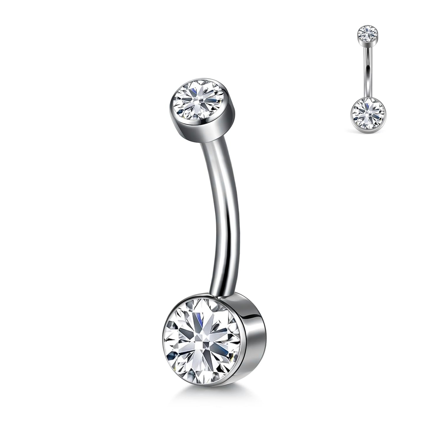 XUU Titanium Belly Button Rings, Black & Silver – 14G Internally Threaded Navel Piercing Jewelry, 10mm & 12mm Curved Barbells with 7 Colors Gems – Hypoallergenic (Silver-Clear cz, 10MM)