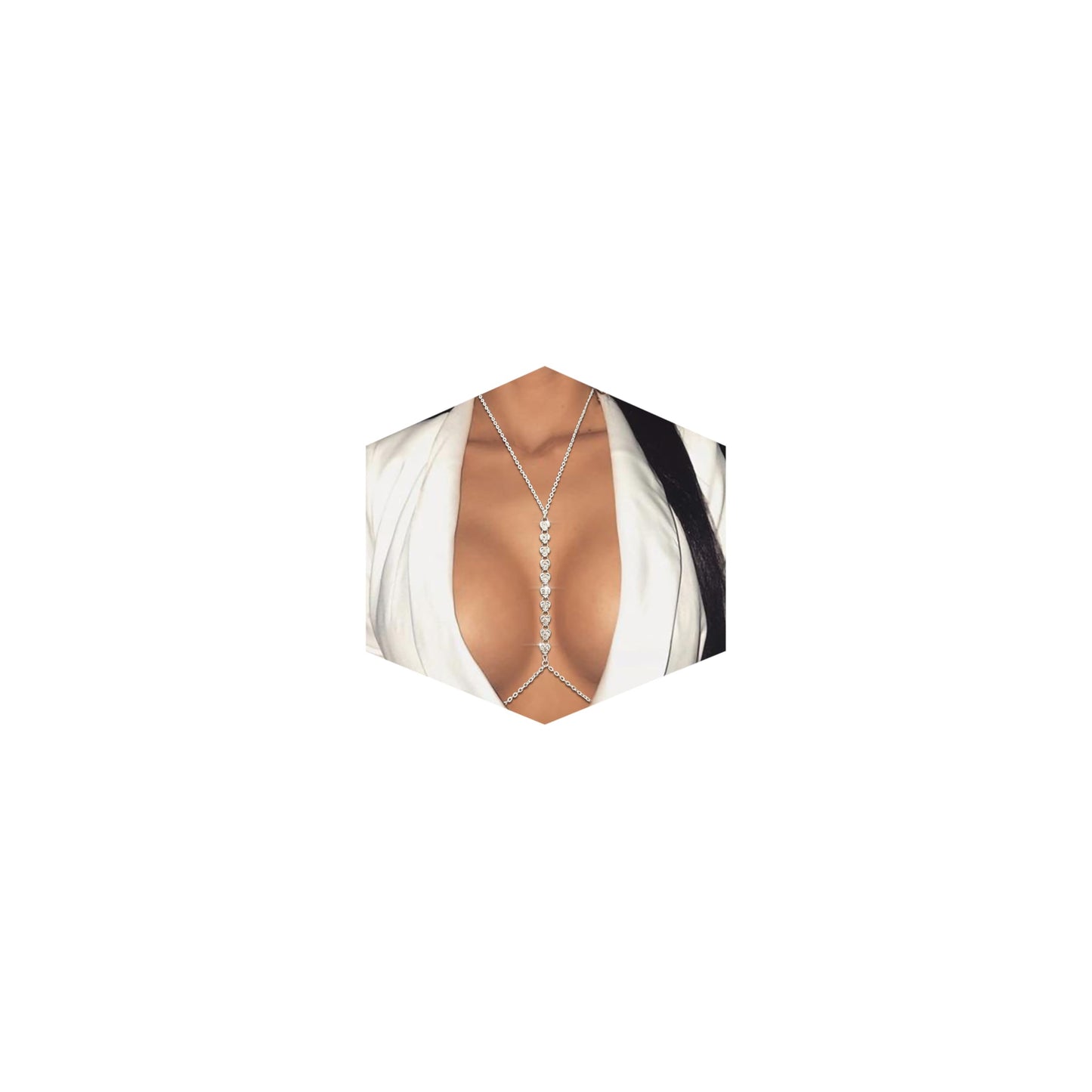 Silver Plated Body Chains for Women, Sexy Layered Belly Waist Chain Crossover Bikini Bra Chain, Summer Beach Rhinestone Body Jewelry(Heart)