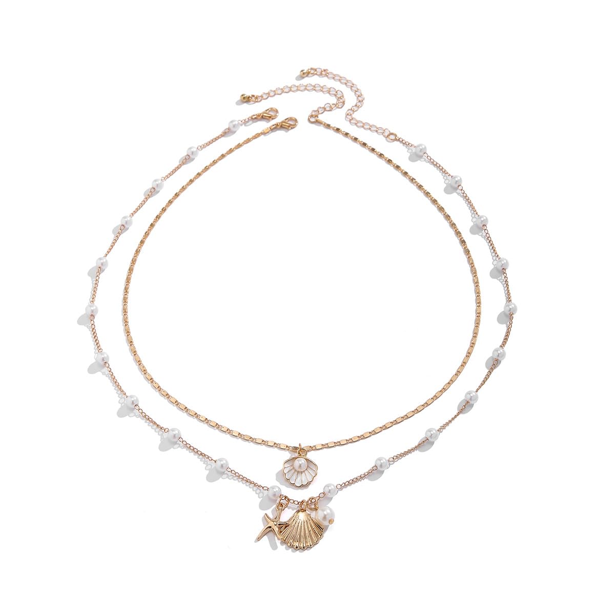 Layered Starfish Necklace Beach Jewelry for Women Seashell Cowrie Puka Shell Necklaces for Women Beach Necklace Turtle Beaded Choker Necklaces Ocean Jewelry (5 - Layered (white))