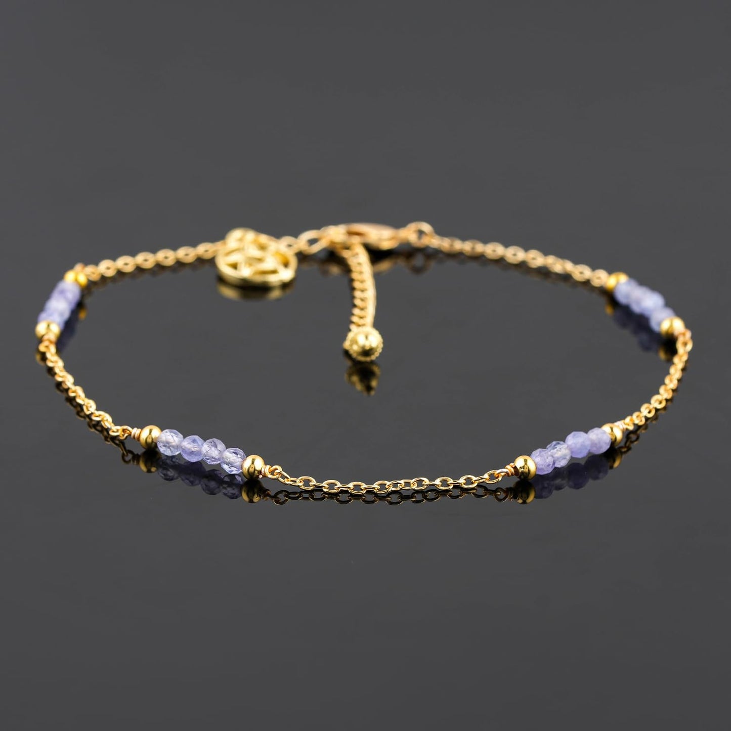 CRYSTALINES Natural Blue Tanzanite Gemstone Beads, Handmade Station Dangle Star Charms Anklet, 14K Gold Plated, Adjustable Fashion Boho Jewelry for Women, Healing Crystals, Christmas Gift