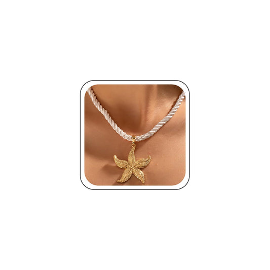 UANXLL Large Gold or Blue Starfish Pendant Necklace, Chunky White Rope Chain Big Sea Star Necklaces for Women Fashion Ocean Style Beach Party Prom Jewelry Gift (Gold)