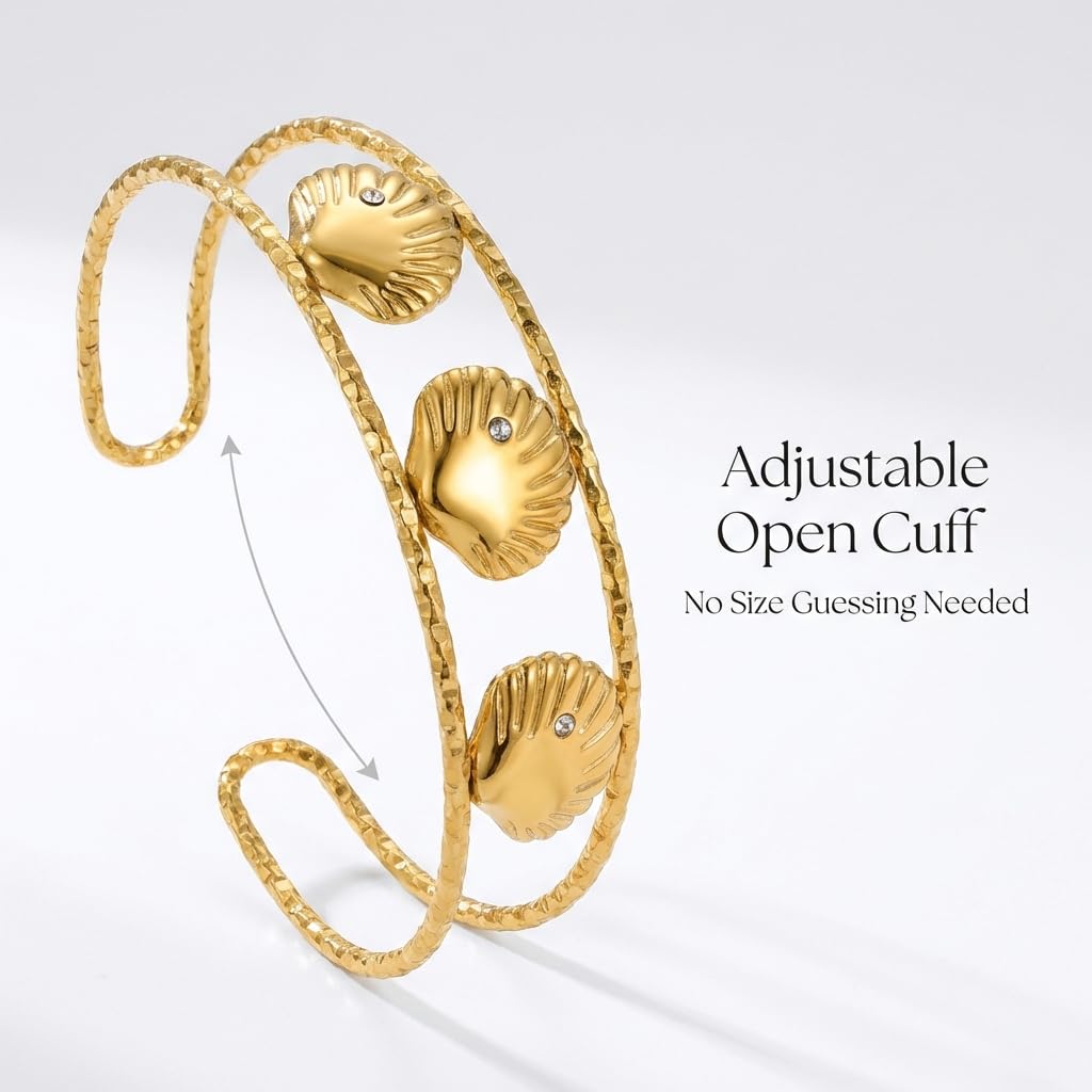 MystiGlimmer Starfish Open Cuff Bracelet for Women 18K Gold Plated Stainless Steel, Adjustable Ocean-Inspired Arm Cuff, Waterproof, Hypoallergenic Beach Jewelry Gift (3 Seashell)