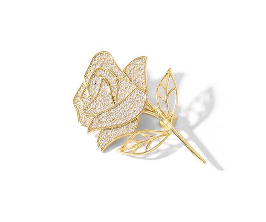 Rose Flower Brooch Elegant Red Rhinestone Crystal Rose Lapel Pin Dress Accessories Jewelry-gold A