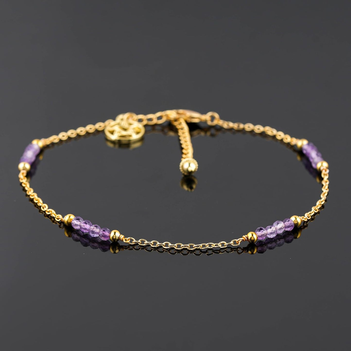 CRYSTALINES Natural Amethyst Gemstone Beads, Handmade Station Dangle Star Charms Anklet, 14K Gold Plated, Adjustable Fashion Boho Jewelry for Women, Healing Crystals, Christmas Gift