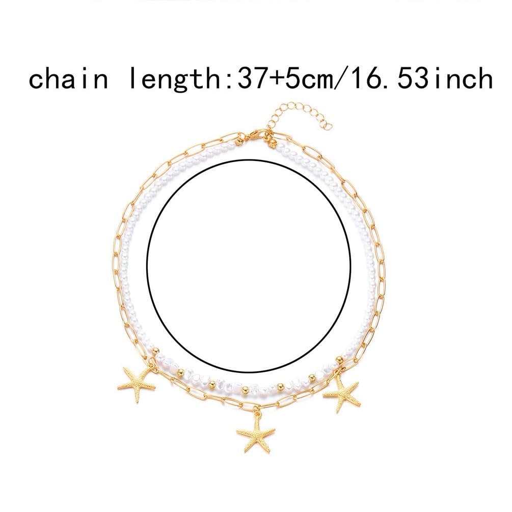 Charm 14k Gold Plated Starfish Beaded Pearls Vacation Necklace For Women, Beach Layered Star Pendant Necklaces Beachy Party Jewelry Gifts Accessory (Gold)