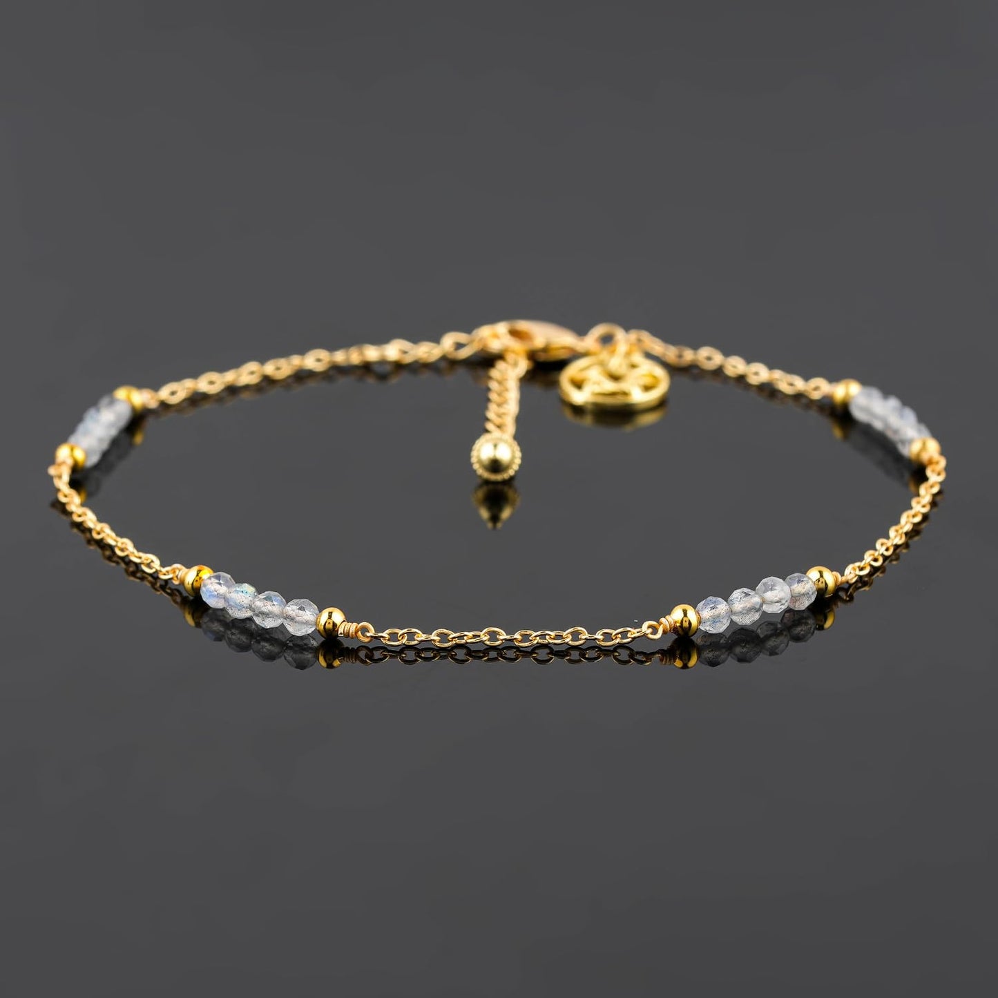 CRYSTALINES Natural Labradorite Gemstone Beads, Handmade Station Dangle Star Charms Anklet, 14K Gold Plated, Adjustable Fashion Boho Jewelry for Women, Healing Crystals, Christmas Gift