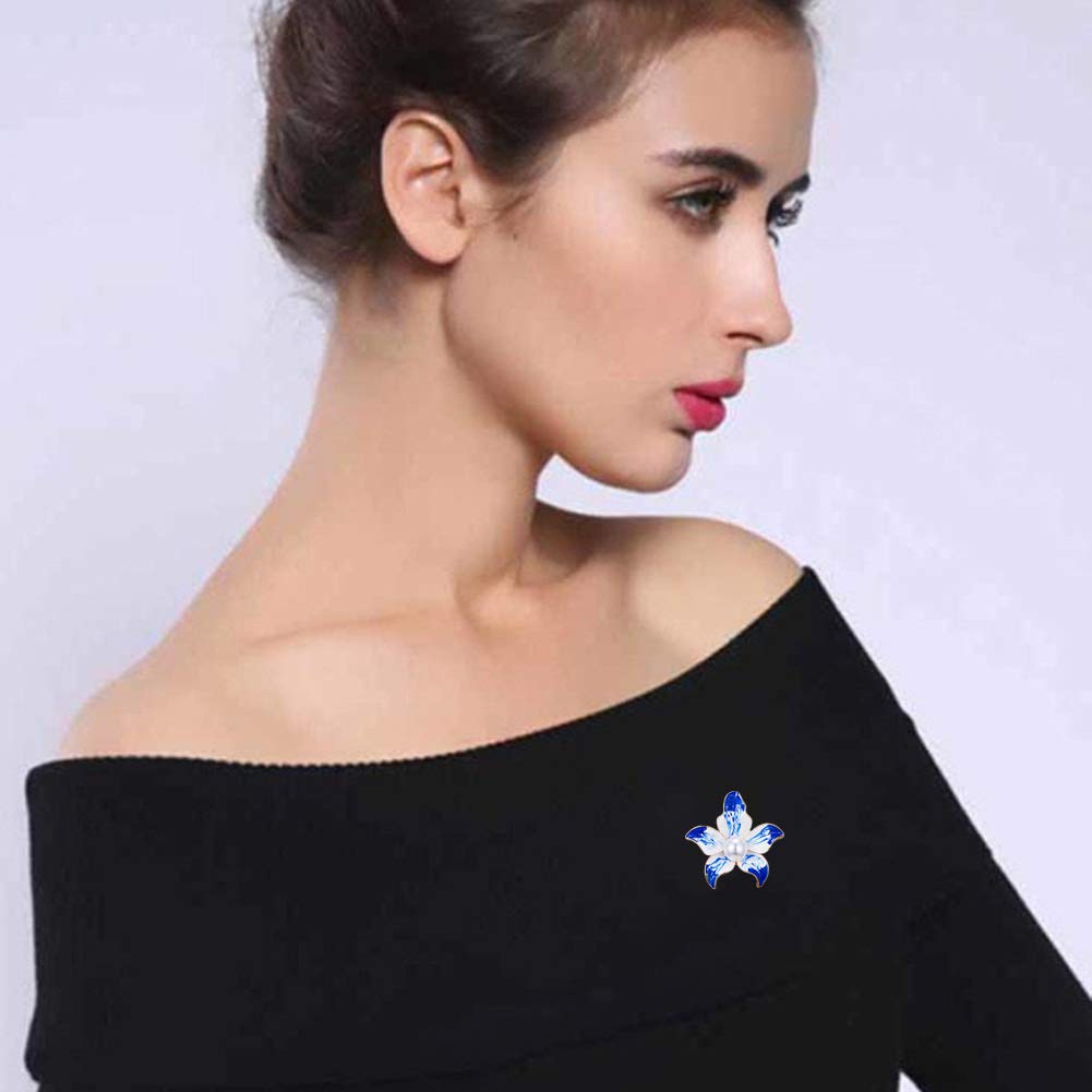 AILUOR Elegant Enamel Flower Brooches for Women, Fashion Gold Plated Pearls Flower Brooch Pin Wedding Corsage Jewelry Gifts (Blue)