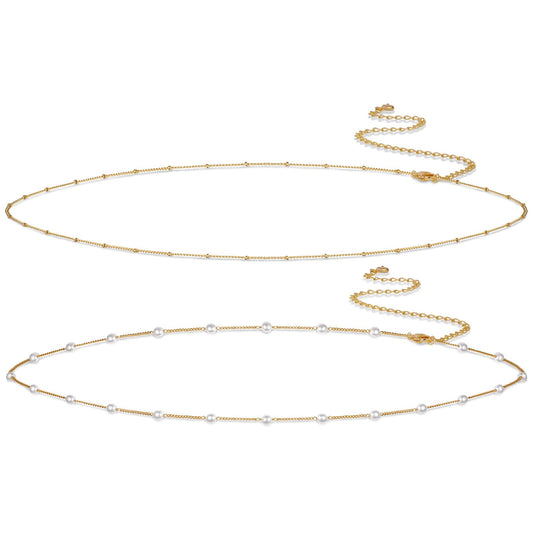 Sargetou Gold Waist Chain for Women Waterproof,14k Gold Plated Satellite Beaded Pearl Body Jewelry Chains Sexy Bikini 2PCS Belly Belt Beach Gift Adjustable 26.5-33Inch