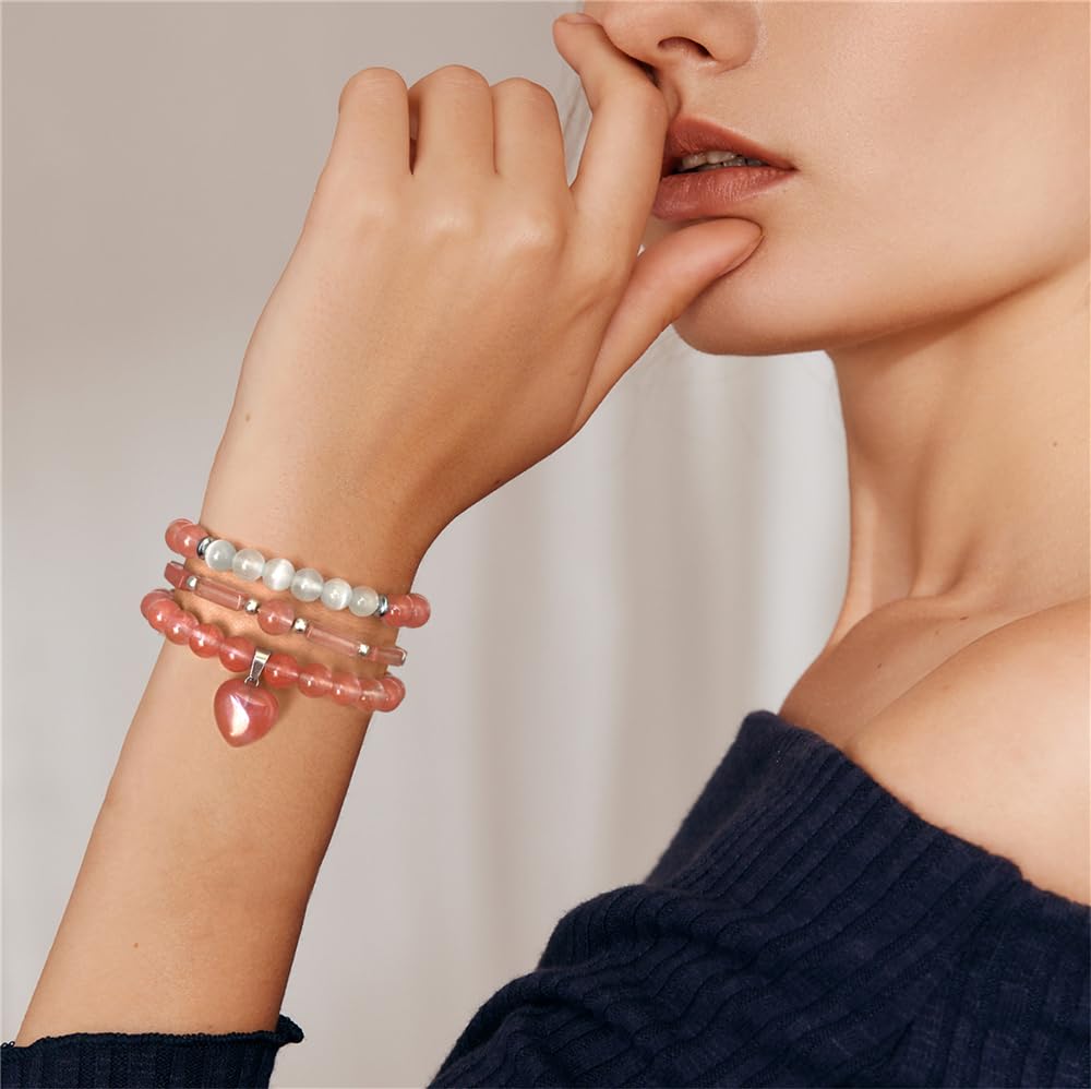 Vinswet Healing Crystal Beaded Bracelets for Women,Natural Watermelon crystal Moonstone Gemstones Bracelet,Anxiety Stress Relief Heart Charm Bracelet Handmade Red Jewelry Gifts for Women (3pcs)