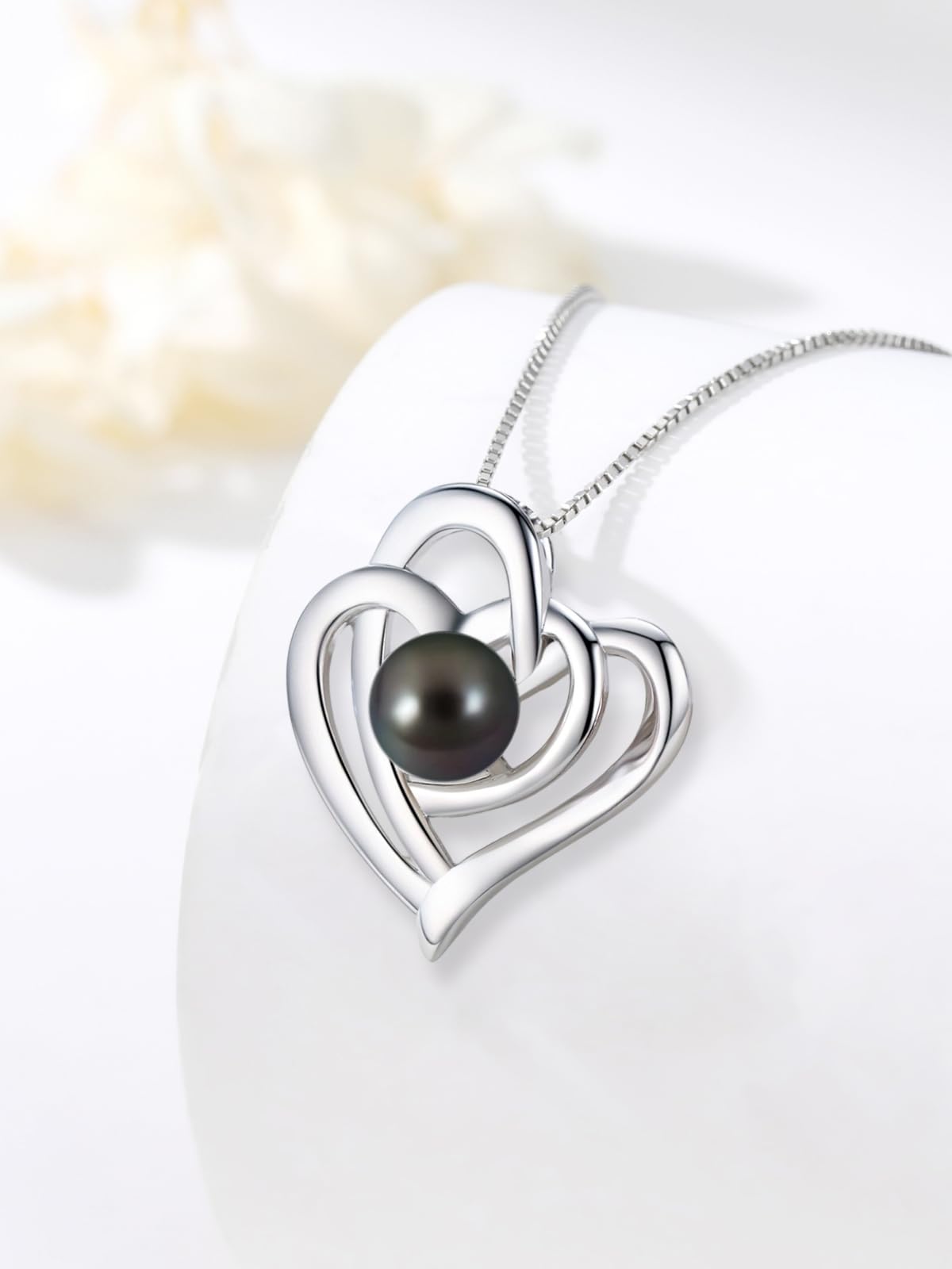 KANNSOAR Tahitian Black Pearl Necklace for Women 18K White Gold Plated Sterling Silver Heart Pendant 7MM Pearl Jewelry Wedding Birthday Anniversary Christmas Gifts for Wife Mom Girlfriend Lover Her