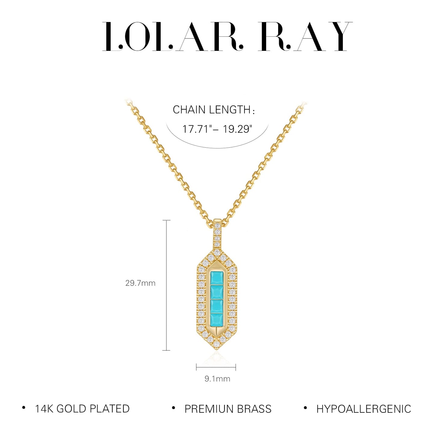 LOLAR RAY Geometric Shield Necklace 14K Gold Plated Turquoise & Cubic Zirconia Inlaid Pendant Adjustable Chain Stylish Gift for Women