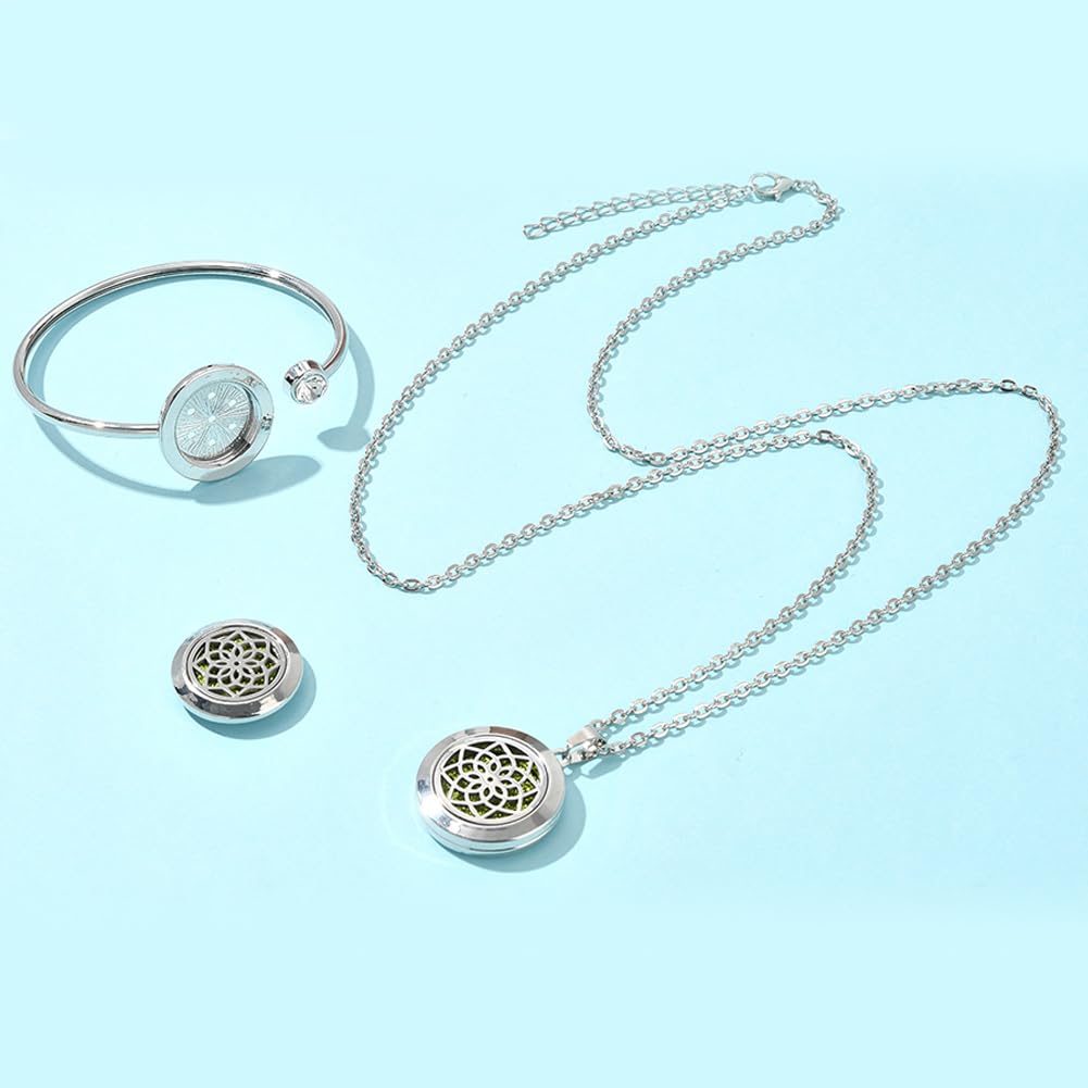 SUNNYCLUE 1Pc Essential Oil Necklace 1Pc Essential Oil Diffuser Bracelet with 10Pcs Refill Pads Flower Stainless Steel Aromatherapy Locket Pendant Bracelets Necklaces Diffuser Jewelry for Women Gifts