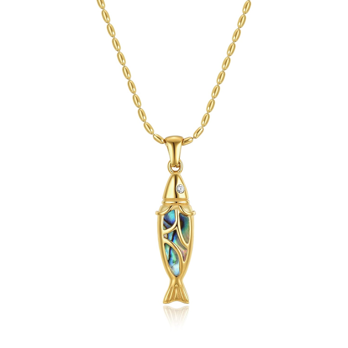 NUZON Abalone Shell Gold Fish Necklace for Women, 18K Gold Plated Stainless Steel Dainty Adjustable Chain with Sardine Pendant, Waterproof Hypoallergenic Layering Necklace for Beach & Everyday Wear 18’’