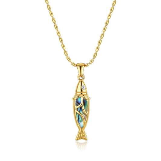 NUZON Abalone Shell Gold Fish Necklace for Women, 18K Gold Plated Stainless Steel Dainty Adjustable Chain with Sardine Pendant, Waterproof Hypoallergenic Layering Necklace for Beach & Everyday Wear 18’’