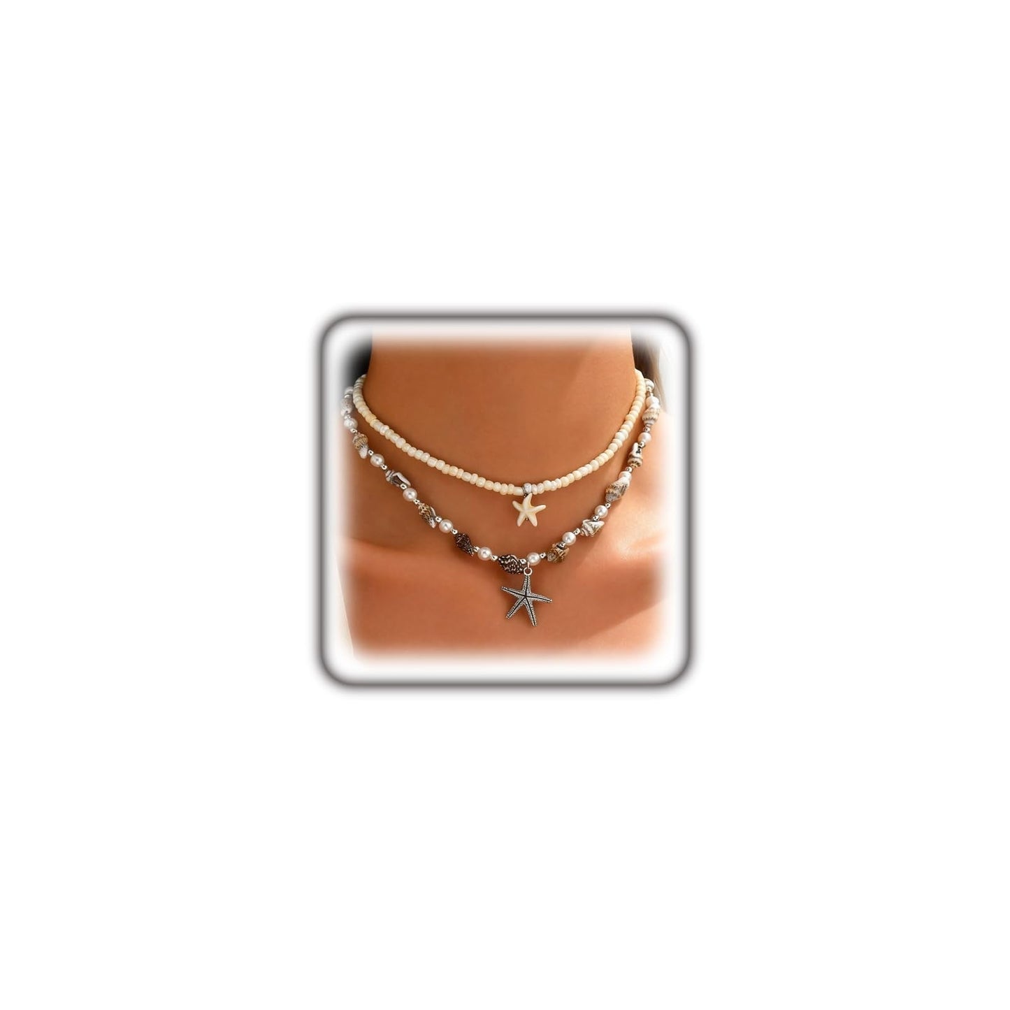 Starfish Conch Layered Necklaces for Women Charm Pearl Beaded Choker Necklace Boho Starfish Fish Pendant Necklaces Trendy Beach Jewlery Accessories (White2)