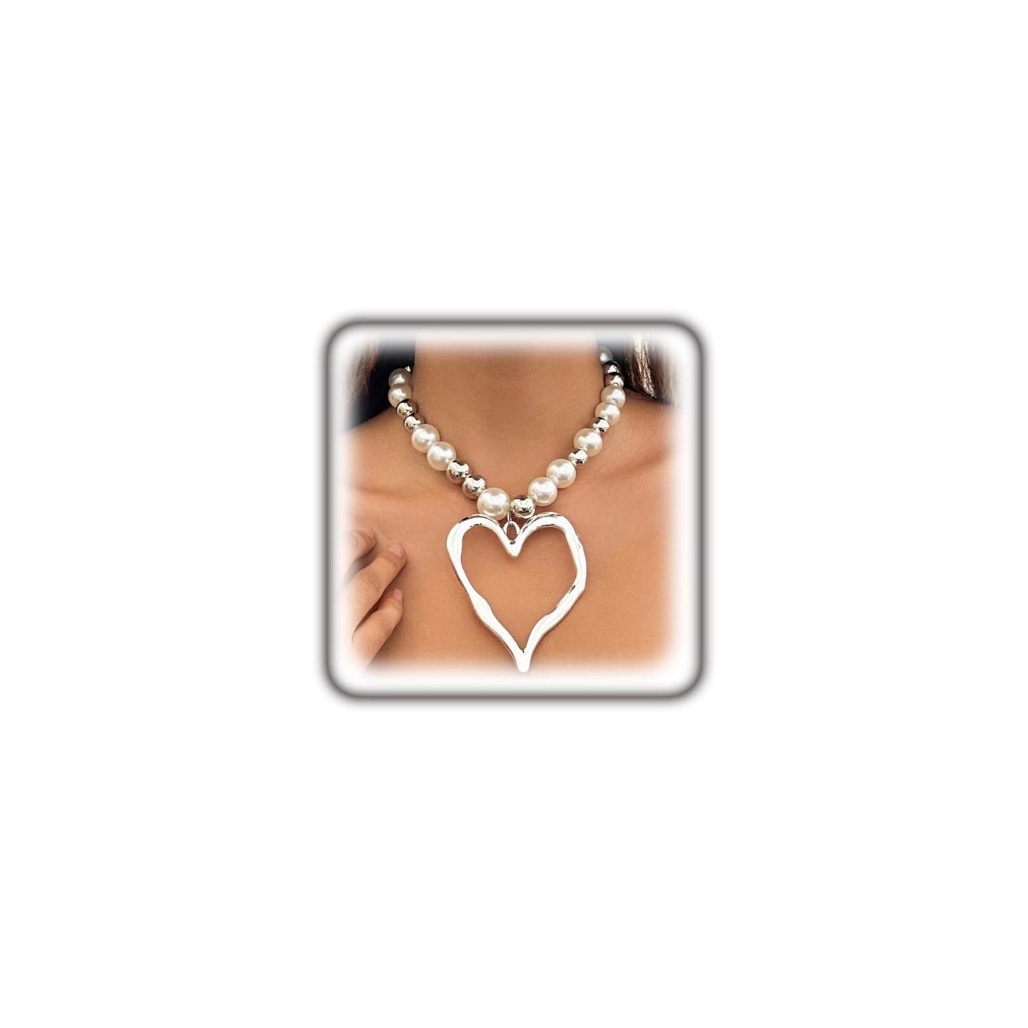 Y2k Large Heart Necklaces for Women Chunky Love Pearl Ball Beads Choker Necklaces Exaggerated Big Hollow Heart Pendant Necklace Statement Jewelry Gifts (Silver1)