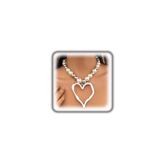 Y2k Large Heart Necklaces for Women Chunky Love Pearl Ball Beads Choker Necklaces Exaggerated Big Hollow Heart Pendant Necklace Statement Jewelry Gifts (Silver1)