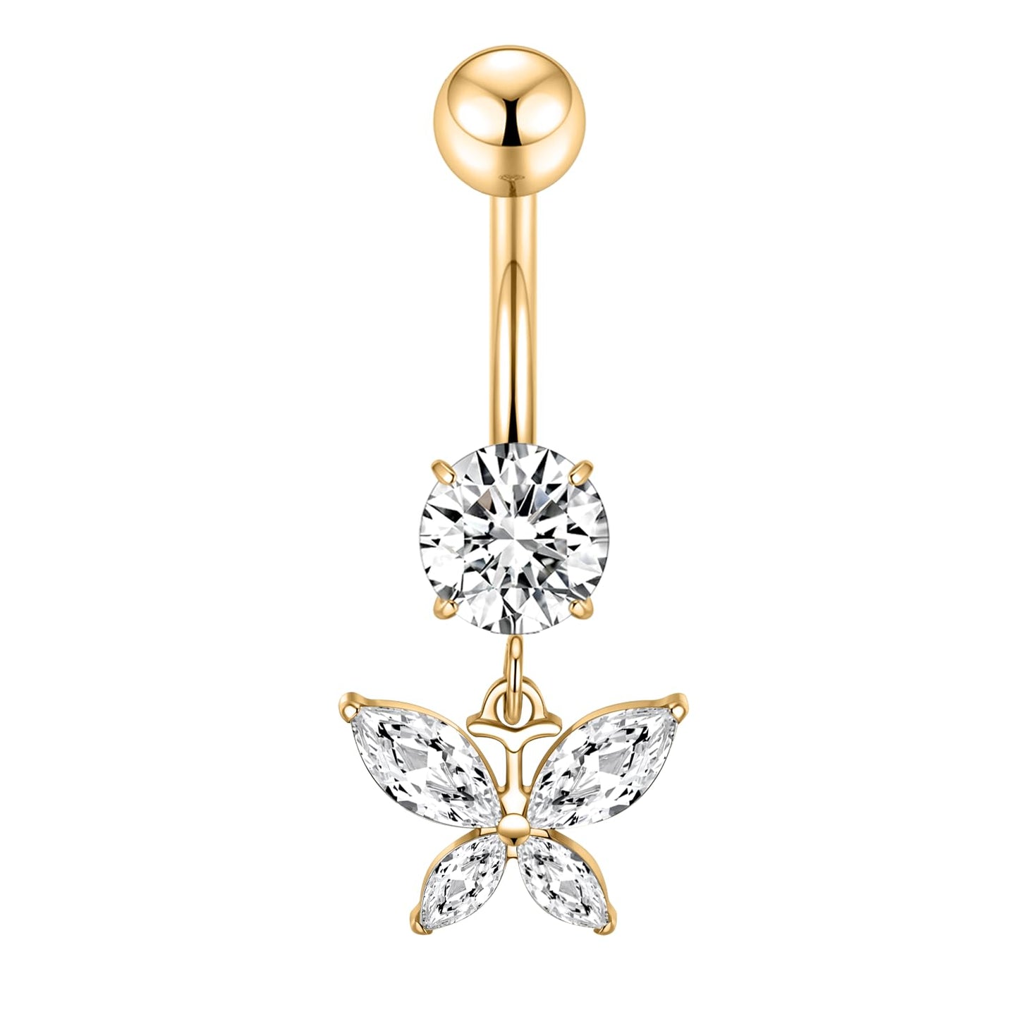 PEAKLINK 14G Belly Button Ring 10mm Dangle Belly Jewelry Gold Internally Threaded Navel Ring for Women Titanium Curved Belly Barbell with Butterfly CZ Navel Bars