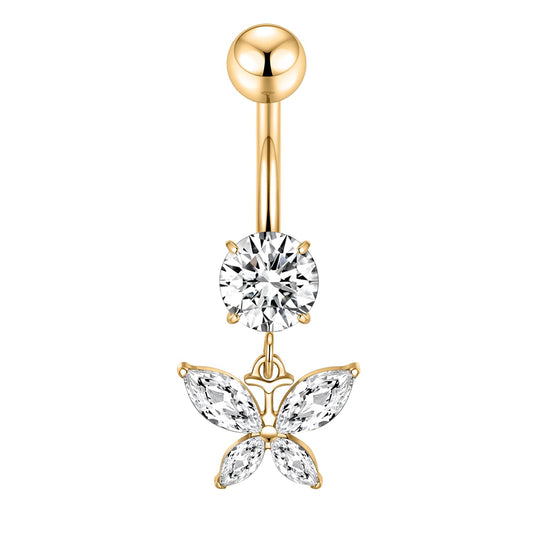 PEAKLINK 14G Belly Button Ring 10mm Dangle Belly Jewelry Gold Internally Threaded Navel Ring for Women Titanium Curved Belly Barbell with Butterfly CZ Navel Bars