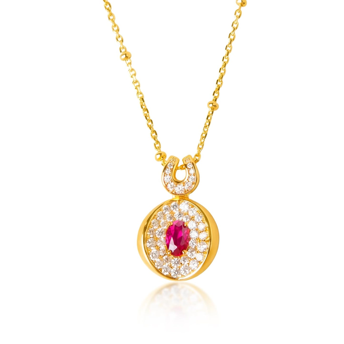 Tessalyn Ruby Necklaces for Women, 18K Gold Plated Round Faux Diamond Halo Pendant Necklace, Cubic Zirconia Halo Necklace