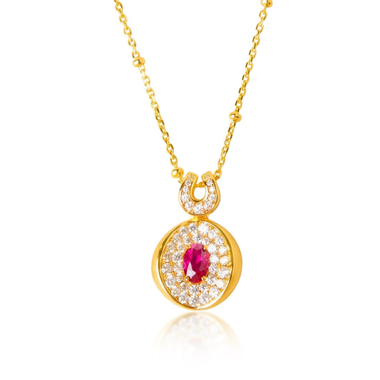 Tessalyn Ruby Necklaces for Women, 18K Gold Plated Round Faux Diamond Halo Pendant Necklace, Cubic Zirconia Halo Necklace