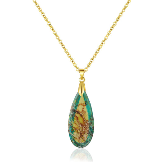 Sriomu Natural Healing Stone Chain Necklaces for Women Teardrop Gemstone Pendant Statement Gold Necklace (Yellow Green - Gold)