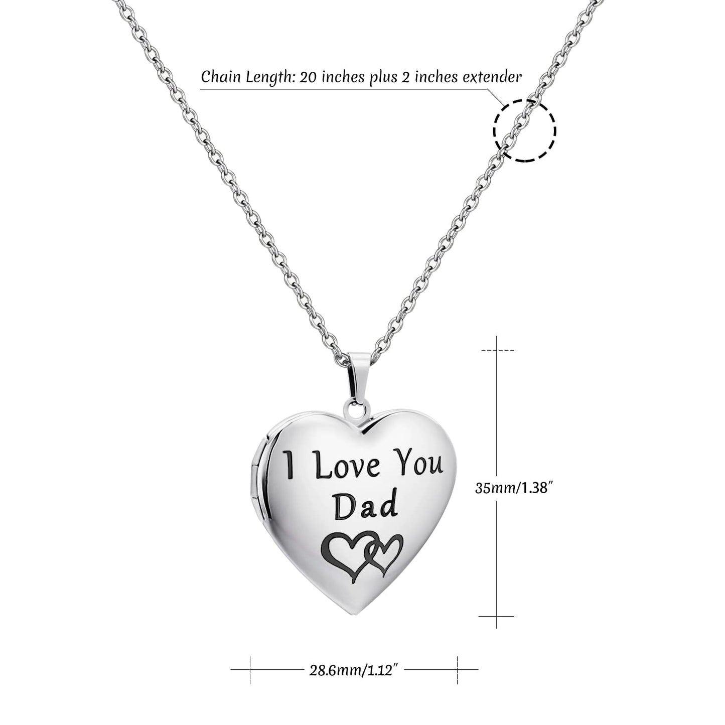 PHOCKSIN Personalized Silver Heart Locket Necklace for Dad with Picture Inside Stainless Steel Custom Photo Text Engraved Lockets Customized Gifts for Fathers Day