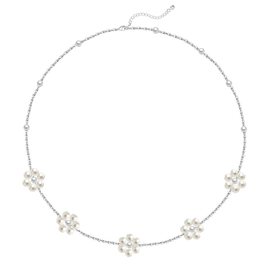 OGD Silver Pearl Necklaces 925 Silver Plated Dainty Chain Cute Daisy Pearl Choker Necklace Flower Necklaces for Women Trendy Jewelry Gifts