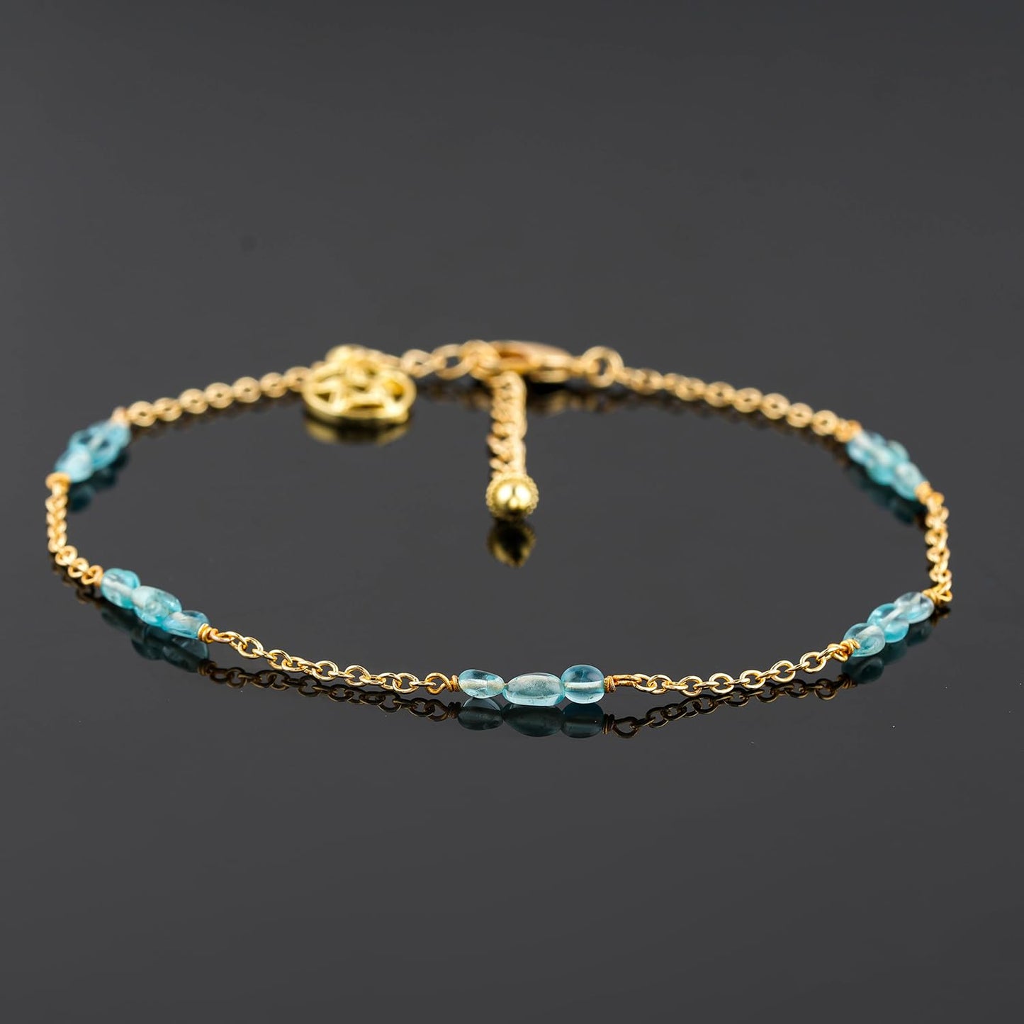CRYSTALINES Natural Sky Blue Apatite Gemstone Nuggets Beads, Handmade Station Dangle Star Charms Anklet, 14K Gold Plated, Adjustable Fashion Boho Jewelry for Women, Healing Crystals, Christmas Gift
