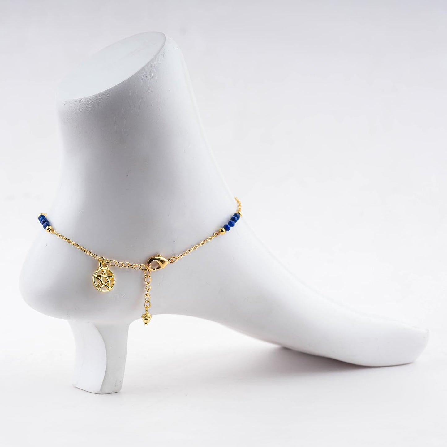 CRYSTALINES Natural Lapis Lazuli Gemstone Beads, Handmade Station Dangle Star Charms Anklet, 14K Gold Plated, Adjustable Fashion Boho Jewelry for Women, Healing Crystals, Christmas Gift